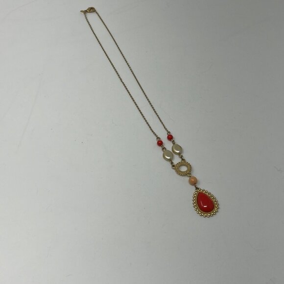 Vintage Avon Necklace Gold Tone Orange Drop and White Tan Beads - Picture 3 of 9